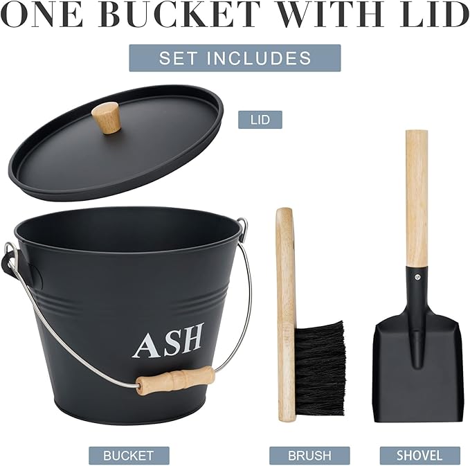 Mini Ash Bucket with Lid, Shovel and Broom, 1.5 Gallon Fireplace Metal Bucket with Lid, Charcoal Bucket and Ash Can for Fireplace, Fire Pits, Hearth, Wood Burning Stoves, Indoor and Outdoor