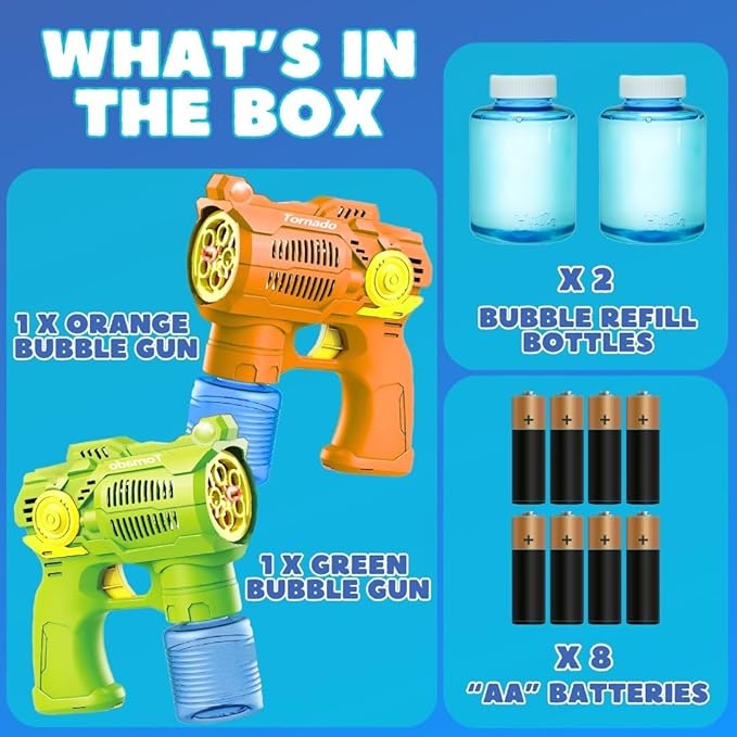 2-Pack Bubble Gun Set with Batteries – Automatic Bubble Blower Toys for Kids & Toddlers | 1 Green + 1 Orange Bubble Shooter with Solution Included | Outdoor Fun & Ready to Play
