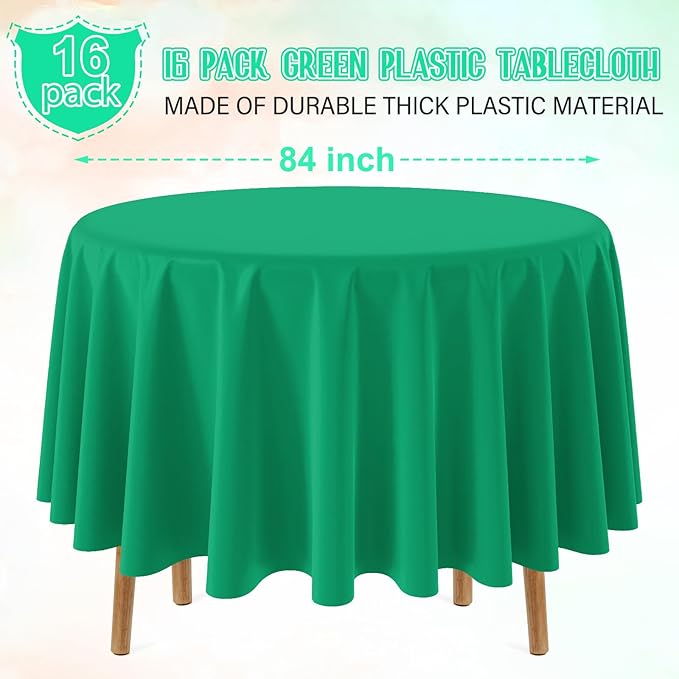 16 Pack Green Plastic Tablecloth for Round Tables, Premium Decorative Green Disposable Table Cloths for Parties, Round Party Table Cover for Birthday Anniversary Graduation Picnic Party, 84 Inch