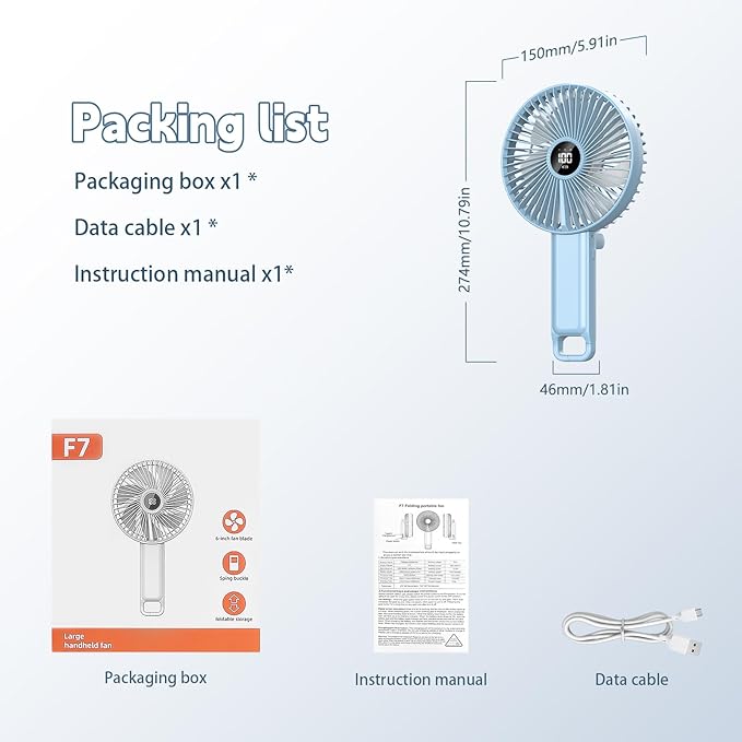 Large Portable Hand Fan, 6 inch Blades, High Airflow with 5 Speeds & LED Display, 180° Foldable Desk/Handheld/Travel Fan with Hook Design, Up to 8.5H Working Time for Indoor Outdoor Travel Office