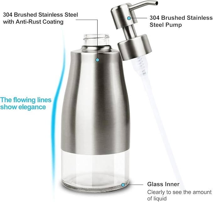 AUMIO Soap Dispenser with Non-Slip Silicone Pad, 2 Pack Kitchen Dish Refillable Liquid Dispensers, Hand Soap Dispenser for Bathroom, Stainless Steel Case Glass Liner Hand Pump Dispenser Silver & Black