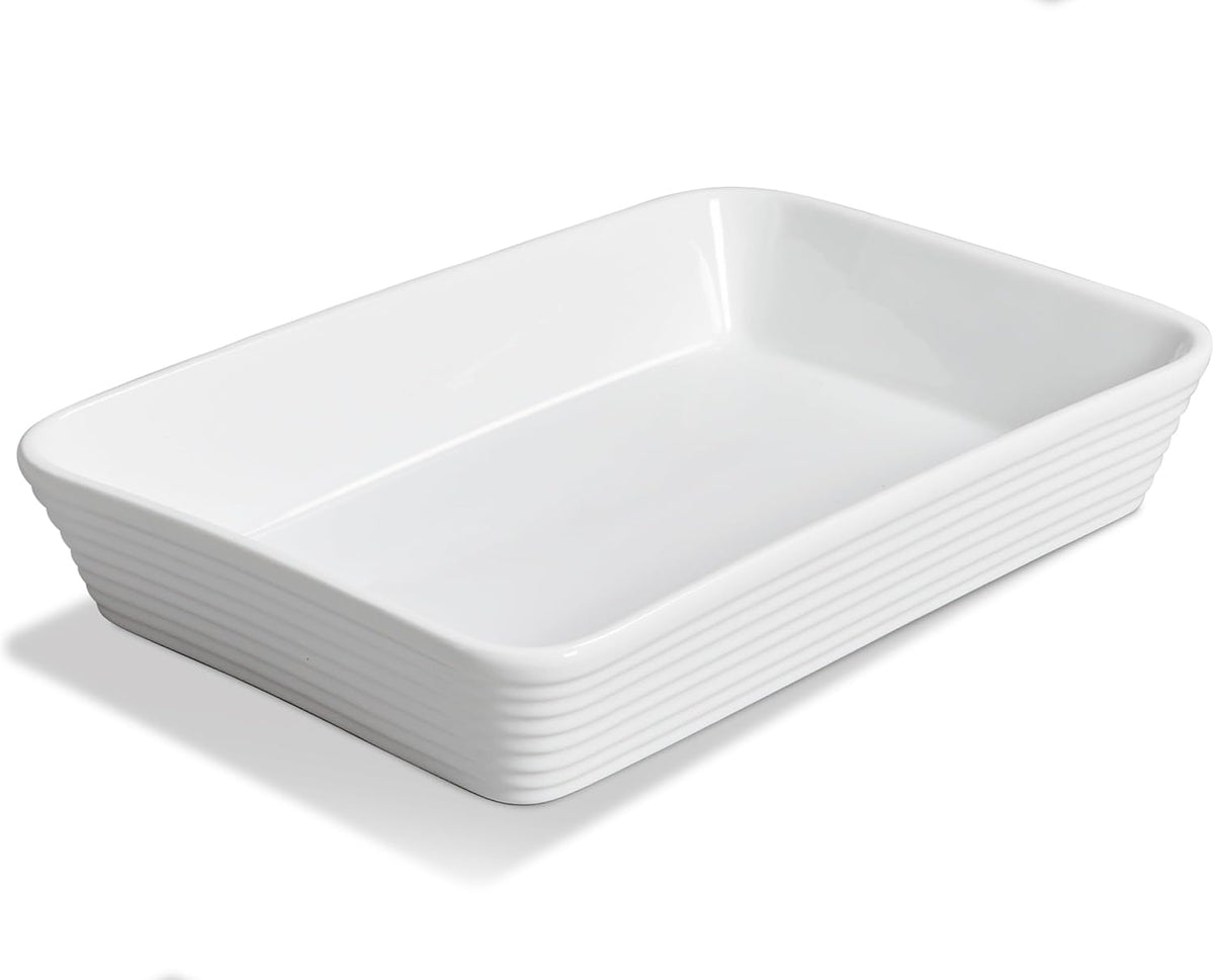 ONEMORE Ceramic Baking Dish, 9x13 Baking Pan Casserole Dish Large Rectangular Baking Dishes for Oven Deep Dish Lasagna Pan for Family Meals Ribbed White Bakeware for Roasting & Serving