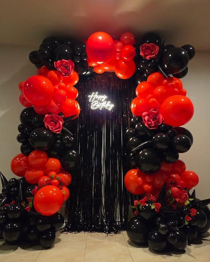Red and Black Balloons Garland Arch Kit with Stars 200Pcs - 5 10 12 18 22inch Balloon and Confetti Balloons for 2025 Graduation Birthday Anniversary BBQ Casino New Year Prom Party Decorations