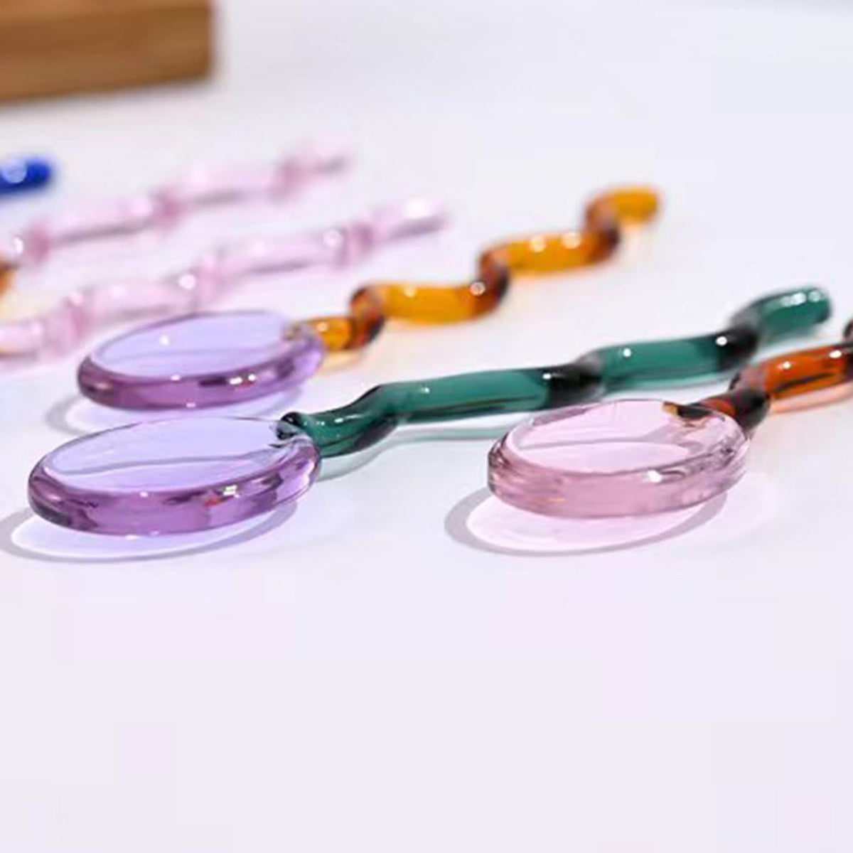 5 Pieces Glass Spoons, Creative Colorful Glass Dessert Spoon Colored Transparent Coffee Milk Curved Handle Stirring Teaspoon for Home Bar Party