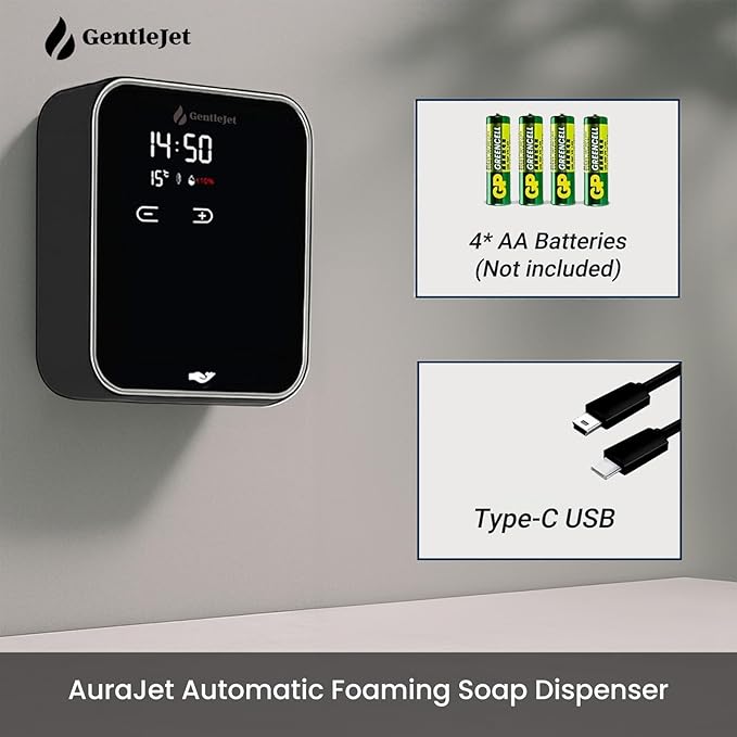 GentleJet AuraJet Automatic Foaming Soap Dispenser Wall Mount – Touchless Sensor, LED Display, 5 Foam Levels, Rechargable USB-C or Battery Powered, Aluminum Alloy, 480 ml Refillable