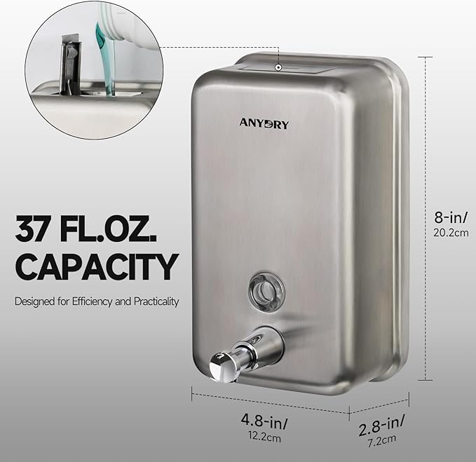 anydry Commercial Soap Dispenser Wall Mount, Brushed Stianless Steel Finish Manual Liquid Soap Dispenser - 37oz (1100ml) Model AD1003