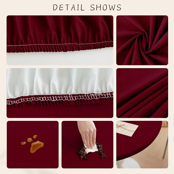 Round Fitted PU Tablecloth with High Elastic Edge 63 Inch Dia Waterproof Oil Proof Table Cloth Anti-Scald Stain-Resistant Wipeable Table Cover for Indoor Outdoor Picnic (Red,63" Dia)