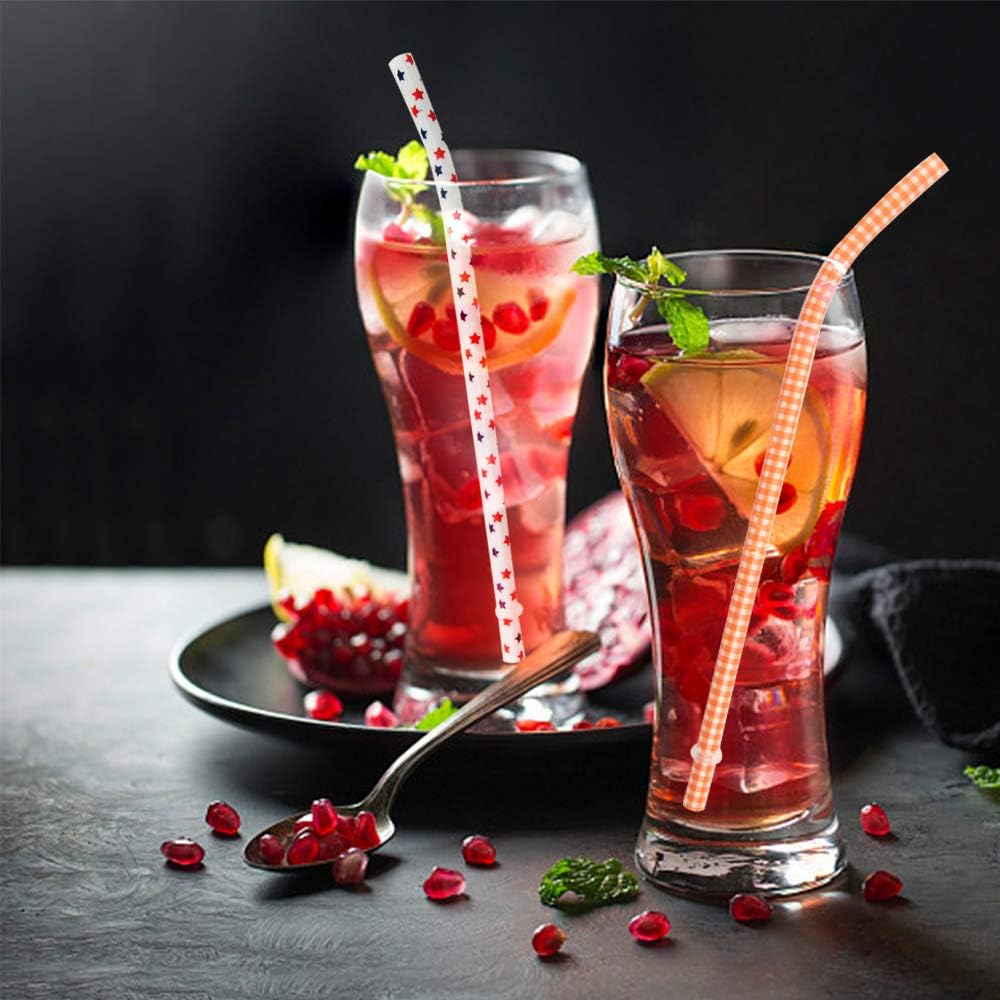 50 Pack Bent Reusable Straws, BPA-Free, 9" Colorful Hard Plastic Stripe Drinking Straw for Mason Jar Tumbler, Family or Party Use With Cleaning Brush