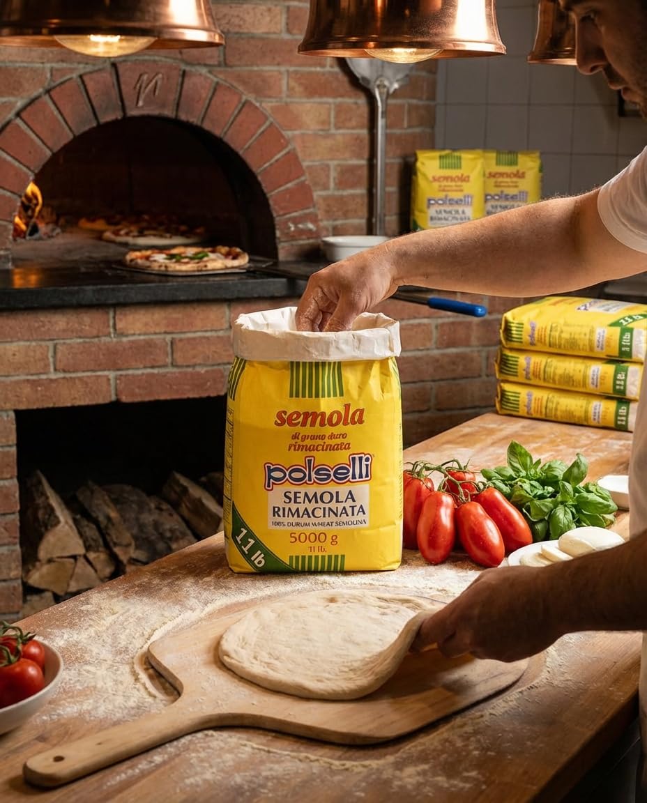 POLSELLI Semola Flour, Semolina Rimacinata Di Grano Duro, 1 kg (2.2 lbs) | Fine-Milled Durum Wheat For Bread, Pizza And Pasta Making, Fine Texture, Easy Dough Handling, Product Of Italy