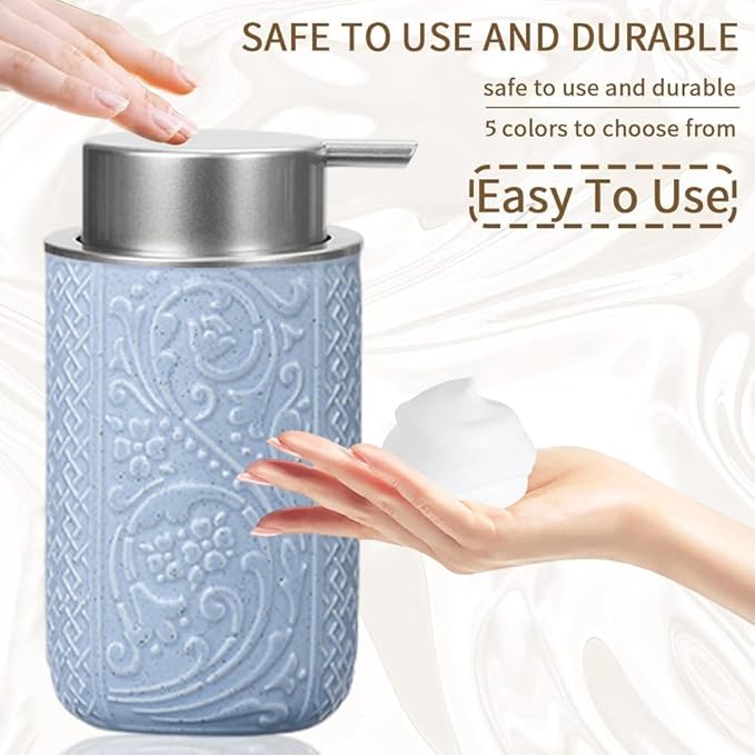 Foaming Hand Soap Dispenser, 12 Oz Ceramic Bathroom Foam Soap Dispenser with Silver Soap Pump, Refillable Lotion Hand Soap Dispenser, Dish Soap Dispenser for Kitchen (Pink)