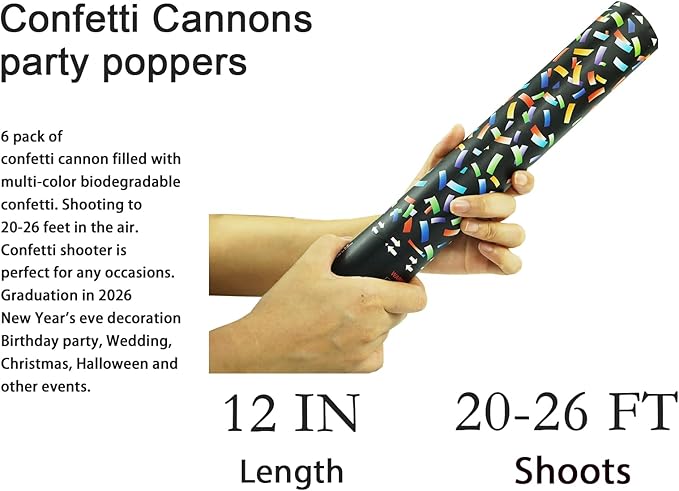 Biodegradable Confetti Cannon 6 Pack Multicolor Party Popper Shooters,12 Inch Large Confetti Cannon for Wedding Celebration Birthday Celebration Baby Shower Decorations Christmas New Year Graduation