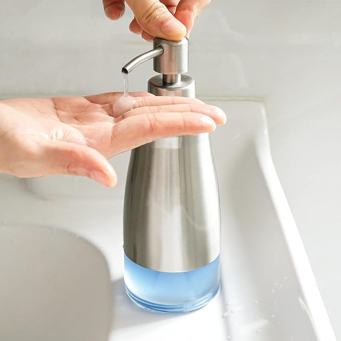AUMIO Soap Dispenser with Non-Slip Silicone Pad, 2 Pack Kitchen Dish Refillable Liquid Dispensers, Hand Soap Dispenser for Bathroom, Stainless Steel Case Glass Liner Hand Pump Dispenser Silver & Black