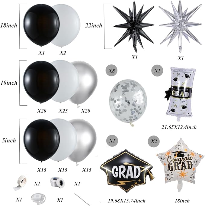 131Pcs Prom Balloon Arch Kit, Black White Silver Confetti Balloons with Explosion Star Graduation Cap Foil Balloons for Class of 2026 Congrats Graduation Prom Birthday Party Decorations