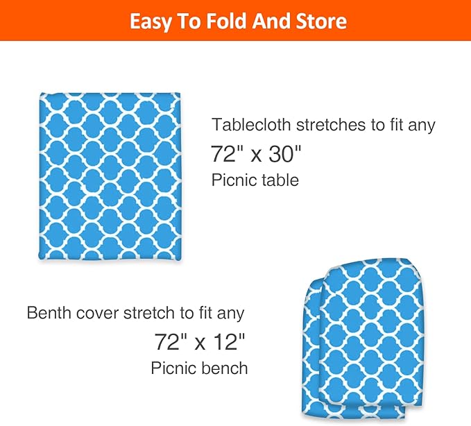 6ft Picnic Table and Bench Cover, Camping Essentials RV Gear, 72 in Waterproof Windproof Outdoor Elastic All Around Tablecloth, Fitted Rectangle Tables and Seats, Blue-White Moroccan