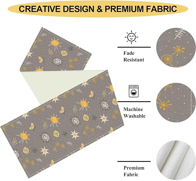 Mid Century Modern Table Runner, Retro 1950s 1960s Atomic Abstract Gray Cute Coffee Table Center Decor for Home Kitchen Dining Patio Holiday Party Indoor Outdoor Table Decorations, 13"x108" Inch