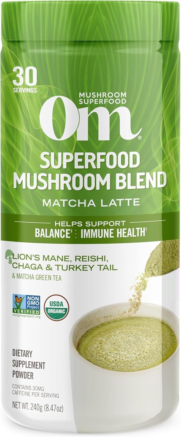 Om Mushroom Superfood Matcha Latte Blend Mushroom Powder, 8.47 Ounce Canister, 30 Servings, Green Tea, Lion's Mane, Reishi, Chaga, Turkey Tail