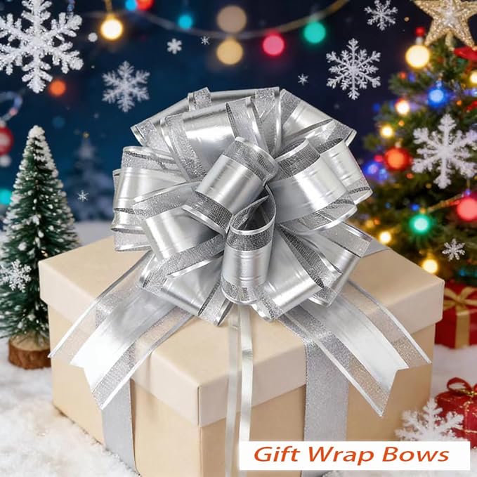 Silver Bows for Gift Wrapping, 6PCS Gift Bows for Wedding, Christmas, Birthday Decor, Gift Basket & Party Decorations, 6 Inches (Silver)