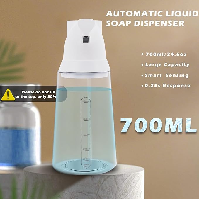 Automatic Liquid Soap Dispenser Touchless,4-Level Adjustable Modern White Bathroom Hand Soap Dispenser, Rechargeable Electric Motion Sensor Waterproof Pump for Kitchen (23.7oz/700ml)