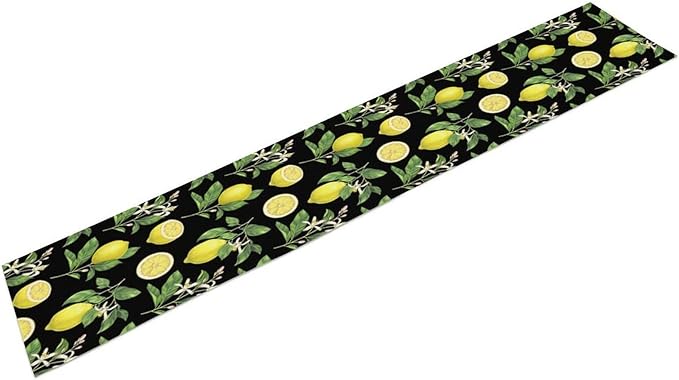 Watercolor Lemon Table Runner, Spring Summer Seasonal Green Leaves Flowers Yellow Fruits Print Table Runner for Farmhouse Kitchen Dining Table Home Party Indoor Decor 13x90in