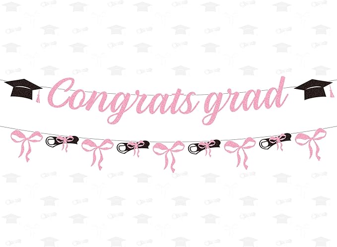 Pink Graduation Decorations 2026-2PCS Pink Bow Congrats Grad Banners Party Decor, Bowknot Graduation Party Supplies for Primary Middle High School University College (No-DIY)