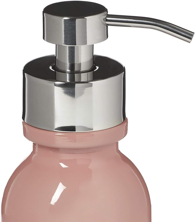 Coral Glass Soap Holder with Chrome Pump for Foaming Soap, Dispenser for Foaming Bath or Hand Soap, Includes Non Slip Counter Protector (Coral/Chrome)