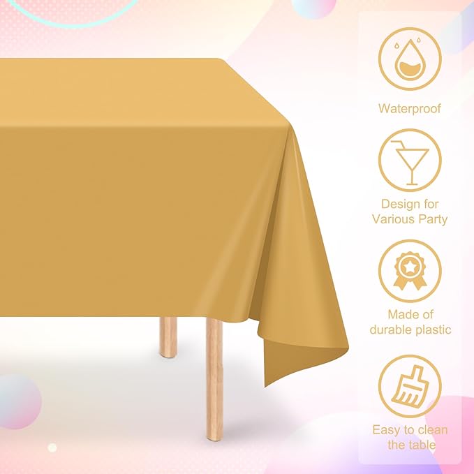 16 Pack Gold Plastic Tablecloth for Rectangle Tables, Premium Decorative Gold Disposable Table Cloths for Parties, Bulk Rectangle Party Table Cover for Birthday, Wedding, Anniversary, 54 x 108 Inch