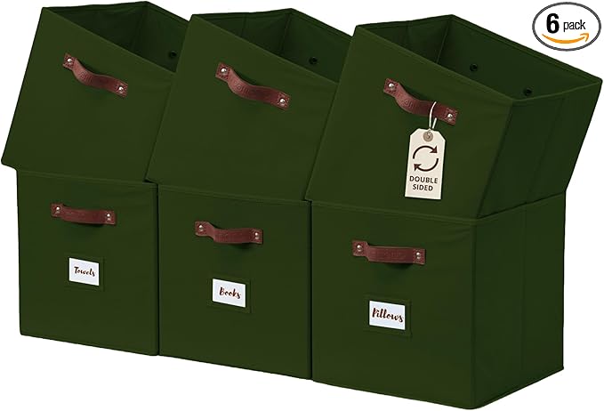 DECOMOMO Storage Bins, Cube Storage Bin with Labels, Fabric Storage Cubes for Shelves (10.5" x 11" / 6pcs, Olive Green)