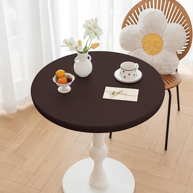 Round Fitted PU Tablecloth with High Elastic Edge 28 Inch Dia Waterproof Oil Proof Table Cloth Anti-Scald Stain-Resistant Wipeable Table Cover for Indoor Outdoor Picnic (Coffee,28" Dia)