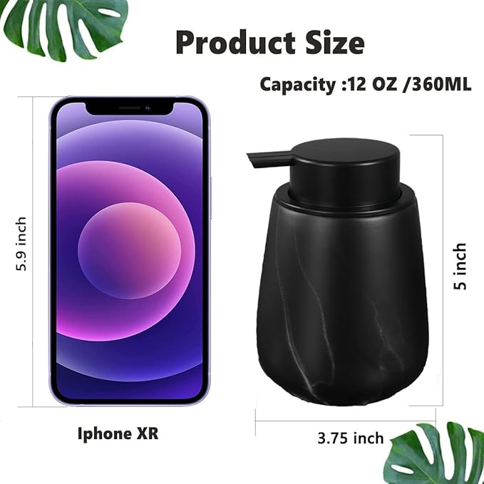 12Oz Foaming Hand Soap Dispenser - Ceramic Bathroom Foam Soap Dispenser with Easy-to-Press Black Pump, Refillable Lotion Hand Soap Dispenser, Dish Soap Dispenser for Kitchen, Marble Black