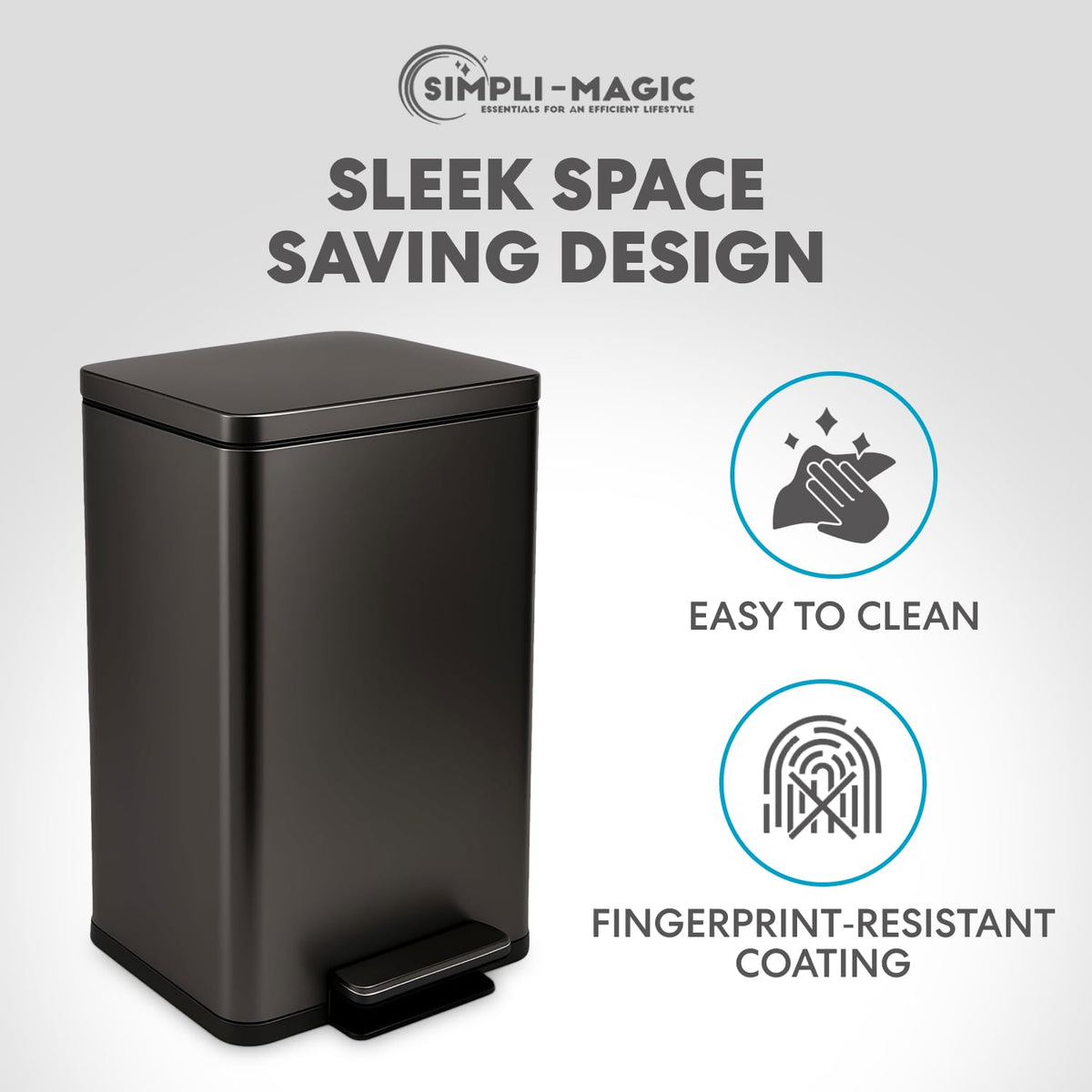 SIMPLI-MAGIC 13.2 Gallon (50L) Step Trash Can – Kitchen Garbage Can with Slow-Close Lid – Odor Control, Hands-Free, Easy to Clean, Brushed Stainless Steel