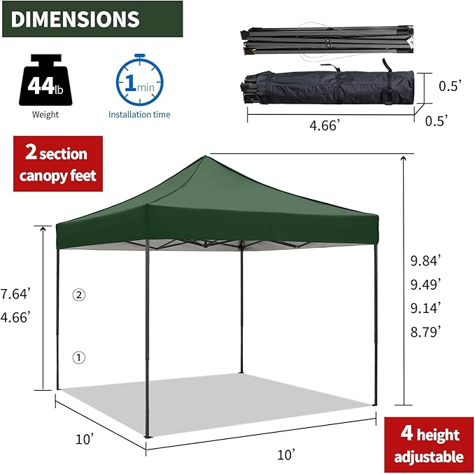 10x10 Pop up Canopy Tent with Awning Easy up Canopy with Wheel Bag Heavy Duty Waterproof Canopy Commercial Gazebo Tent for Outdoors Parties Vendors(Dark Green