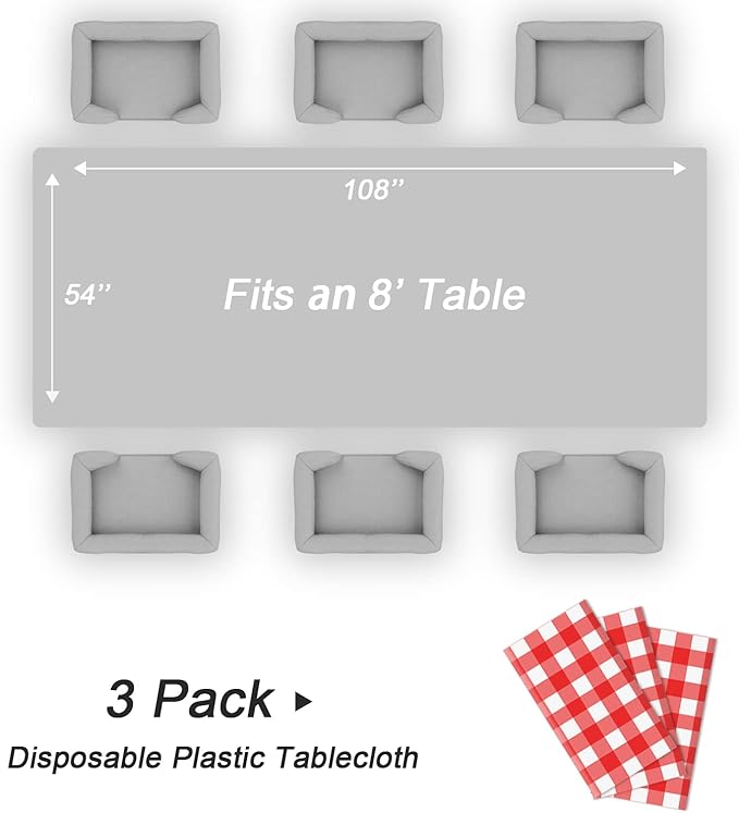 QIKSION Red Gingham Tablecloth Disposable 3 Pack, 54 x 108 Inch Red and White Checkered Table Cloth for Picnic, Outdoor BBQ Decorations, Birthday Party Supplies, Rectangle, Plastic Table Cover