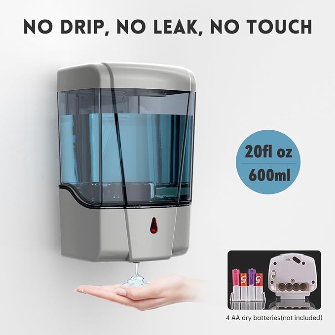 Automatic Soap Dispenser 20fl oz/600ml Touchless Wall Mount Liquid ABS Auto Hands Free Touchless Soap Dispensers Bathroom Kitchen 9031 Silver