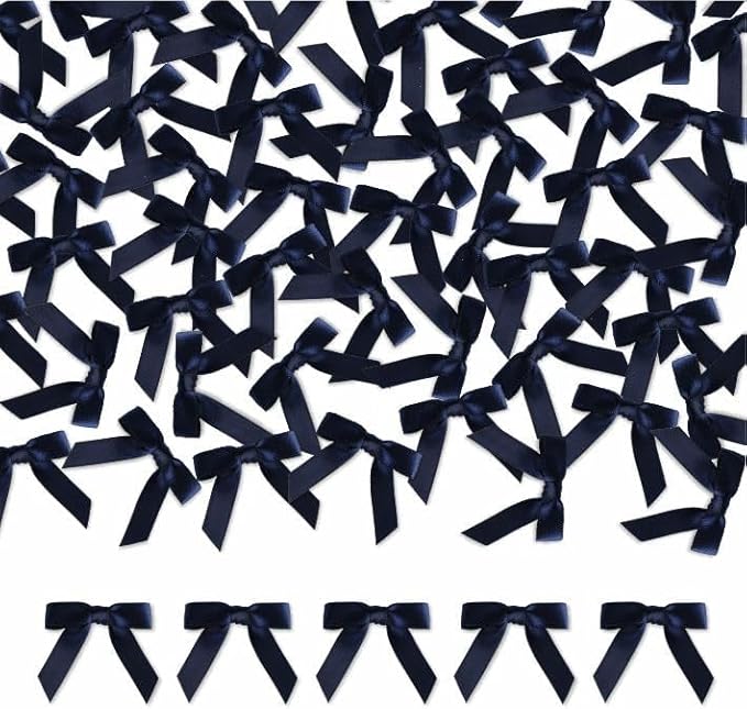Meseey 100 Pcs 1.5 Inches Premade Craft Bows Self Adhesive Navy Blue Satin Ribbon Bows for Treat Bags Gift Wrapping Basket Wedding Baby Shower Brithday Party(Navy)