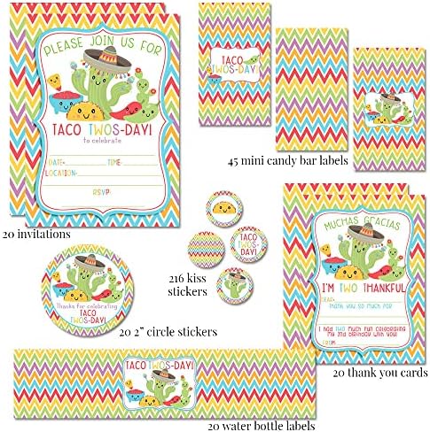 Deluxe Taco Twos-Day 2nd Birthday Party Bundle Includes 20 each of Invitations & Thank You Cards with Envelopes + 2 Different Sizes of Stickers, Mini Candy Bar Wrappers, & Water Bottle Labels!