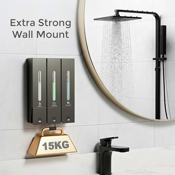 Soap Dispenser - 3 Chamber - 3x400ml - No Drill Wall Mount Bottles Organizer Toiletries for Cream Lotion Liquid Soaps Shampoo Conditioner Storage - Modern Essentials Bathroom Set - Gunmetal 2
