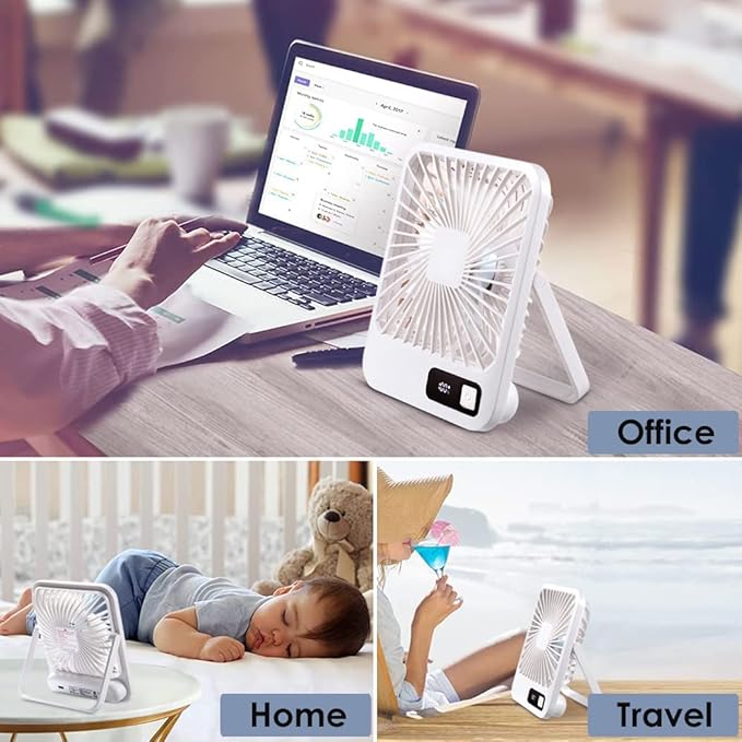 Small Desk Fan, Portable USB Rechargeable Fan, Tilt Folding Personal Mini Fan with 2000mAh Battery and LCD Display, Strong Wind, Ultra Quiet, 5 Speed Modes for Office, Home, Camping