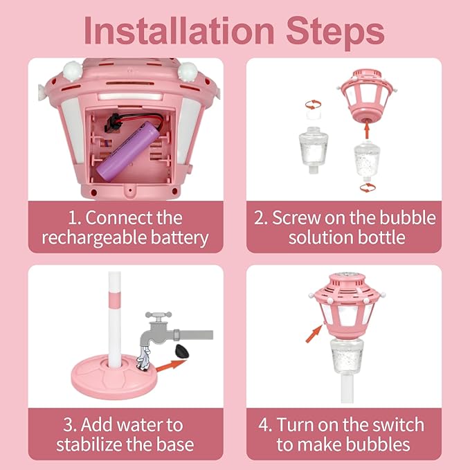 Bubble Machine for Kids Outdoor, 40" Adjustable Height Automatic Bubble Blower with Light & Rechargeable Battery, Bubble Maker Toy for Toddlers Party Birthday (Includes 3 Solution), Pink