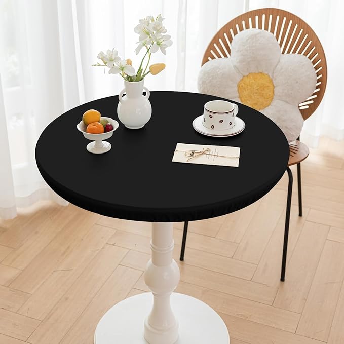 Round Fitted PU Tablecloth with High Elastic Edge 24 Inch Dia Waterproof Oil Proof Table Cloth Anti-Scald Stain-Resistant Wipeable Table Cover for Indoor Outdoor Picnic (Black,24" Dia)