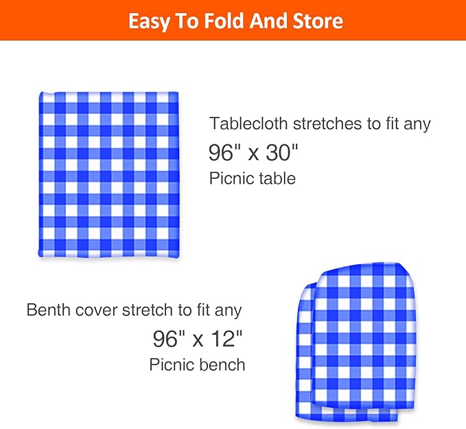 8ft Picnic Table and Bench Cover, Camping Essentials RV Gear, 96 in Waterproof Windproof Outdoor Elastic All Around Tablecloth, Fitted Rectangle Tables and Seats, Blue-White Checkered