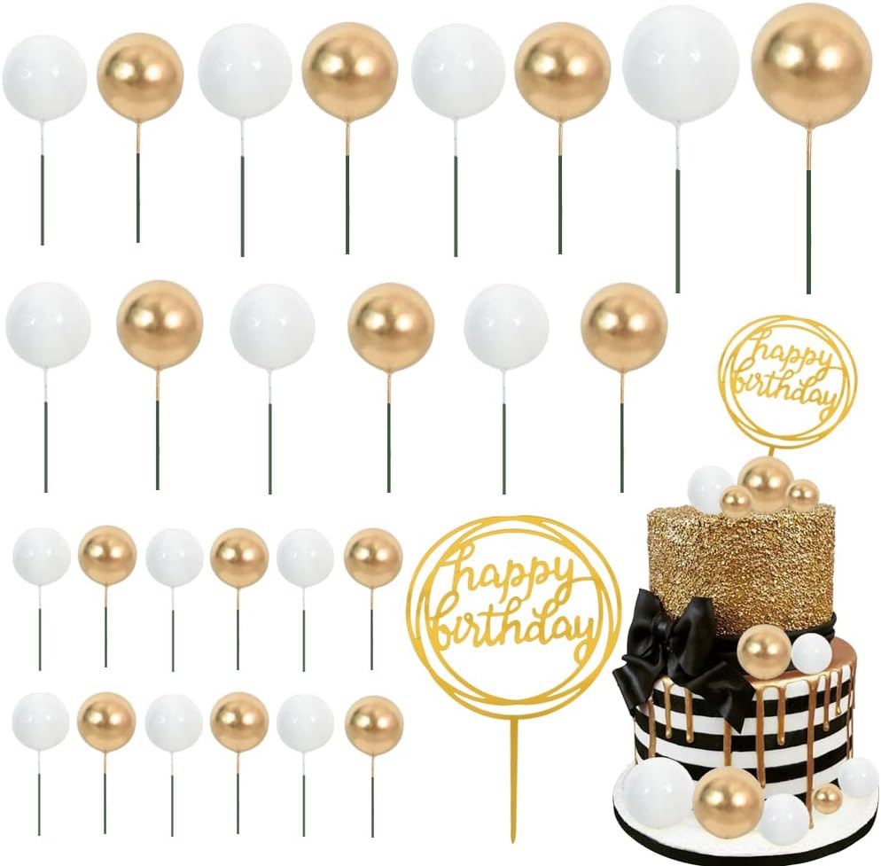 BEISHIDA-Cake Topper Gold 27 Pack Cupcake Topper with Mini Balls, Happy Birthday Acrylic Toppers Insert Pick DIY for Cake Decorations Anniversary Wedding Baby Shower Party (Gold/White)