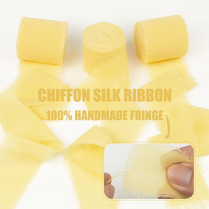 Yellow Chiffon Ribbon, 1-1/2 Inch x 21 Yards, Handmade Fringe, Silk, Boho Frayed, Cream Yellow, Gift Wrapping, Wedding Invitation, Bridal Flower Bouquets