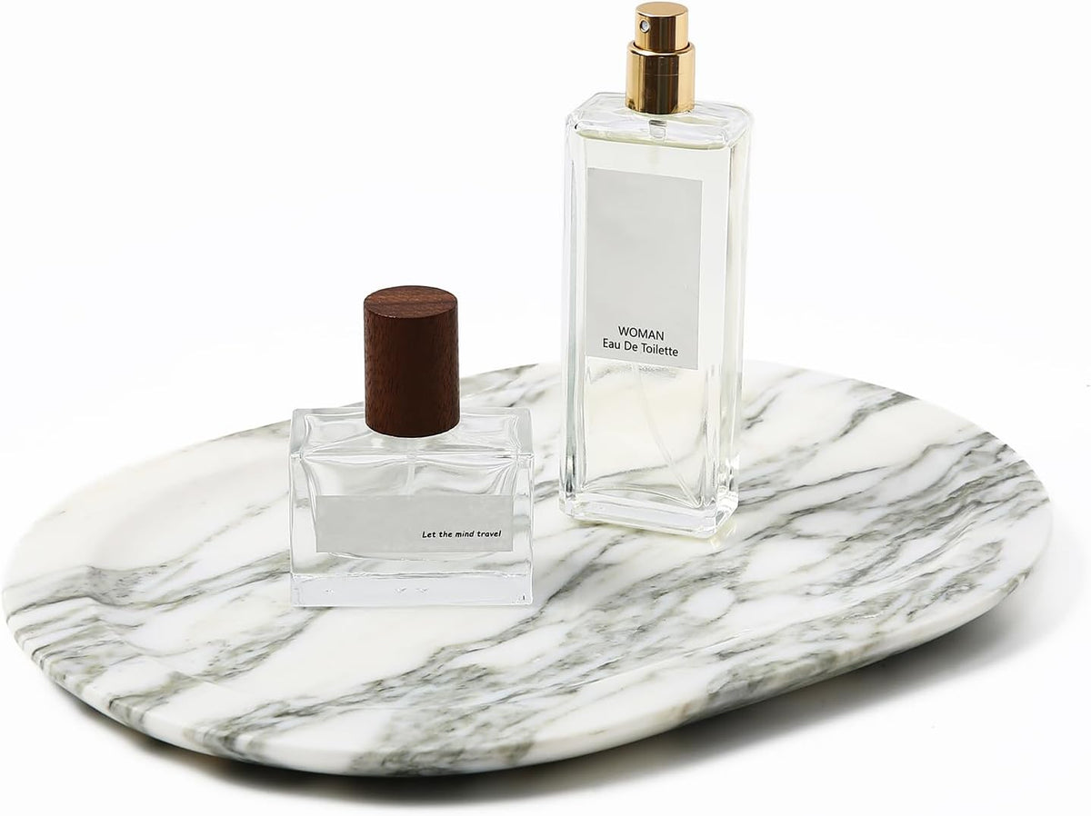 Natural Marble Decorative Tray Bathroom Counter Perfume Organizer Vanity Tray for Home Decor, Jewelry Candle, Coffee Table, Soap Holder Dresser Countertop Accessories 8"x11" Carrara