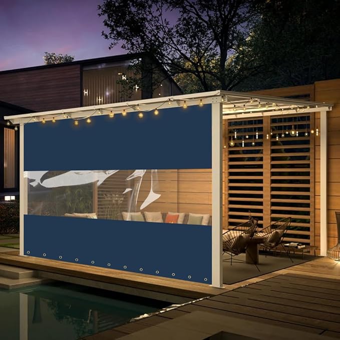 Covers & all Outdoor Clear Panel Curtain, 12 oz Vinyl Outdor Curtains for Patio, Waterproof & Weather Resistant Tarp with Brass Grommets for Pergola, Porch, Gazebos, Balcony (7’ H x 10’ W Feet, Blue)