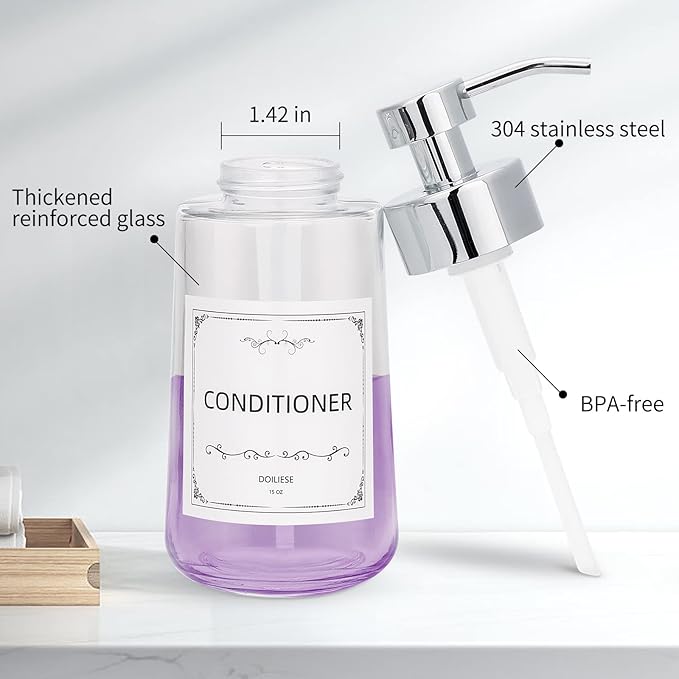 Soap Dispenser, Clear Glass Soap Dispenser with Rust Proof Pump, 16oz Liquid Soap Pump with Waterproof Labels, Dish & Hand Soap for Bathroom, Kitchen, Chrome Pump, Pack of 2