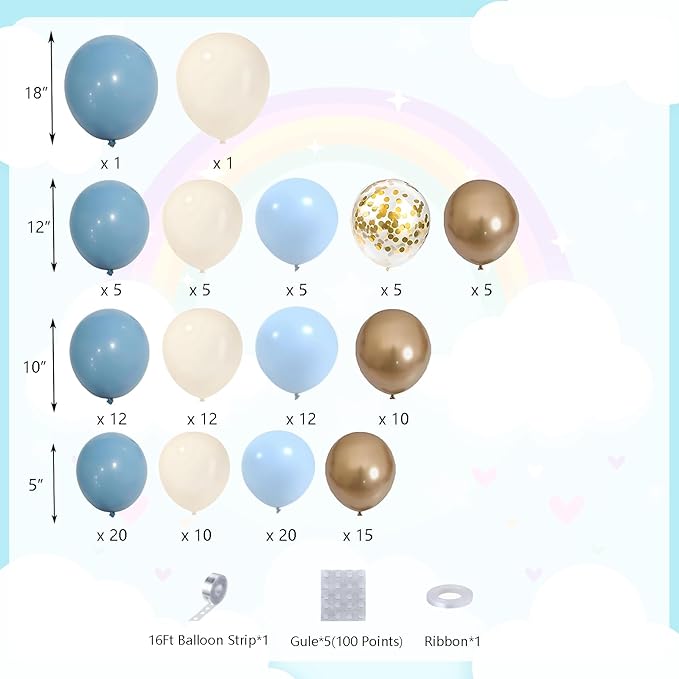 DBKL Dusty Baby Blue Balloon Arch Garland Kit, Different Sizes 18 12 10 5 inch Pastel Baby Blue Slate Fog Ivory White Metallic Gold Balloons for Men Boy Baby Shower Birthday Wedding Party Supplies