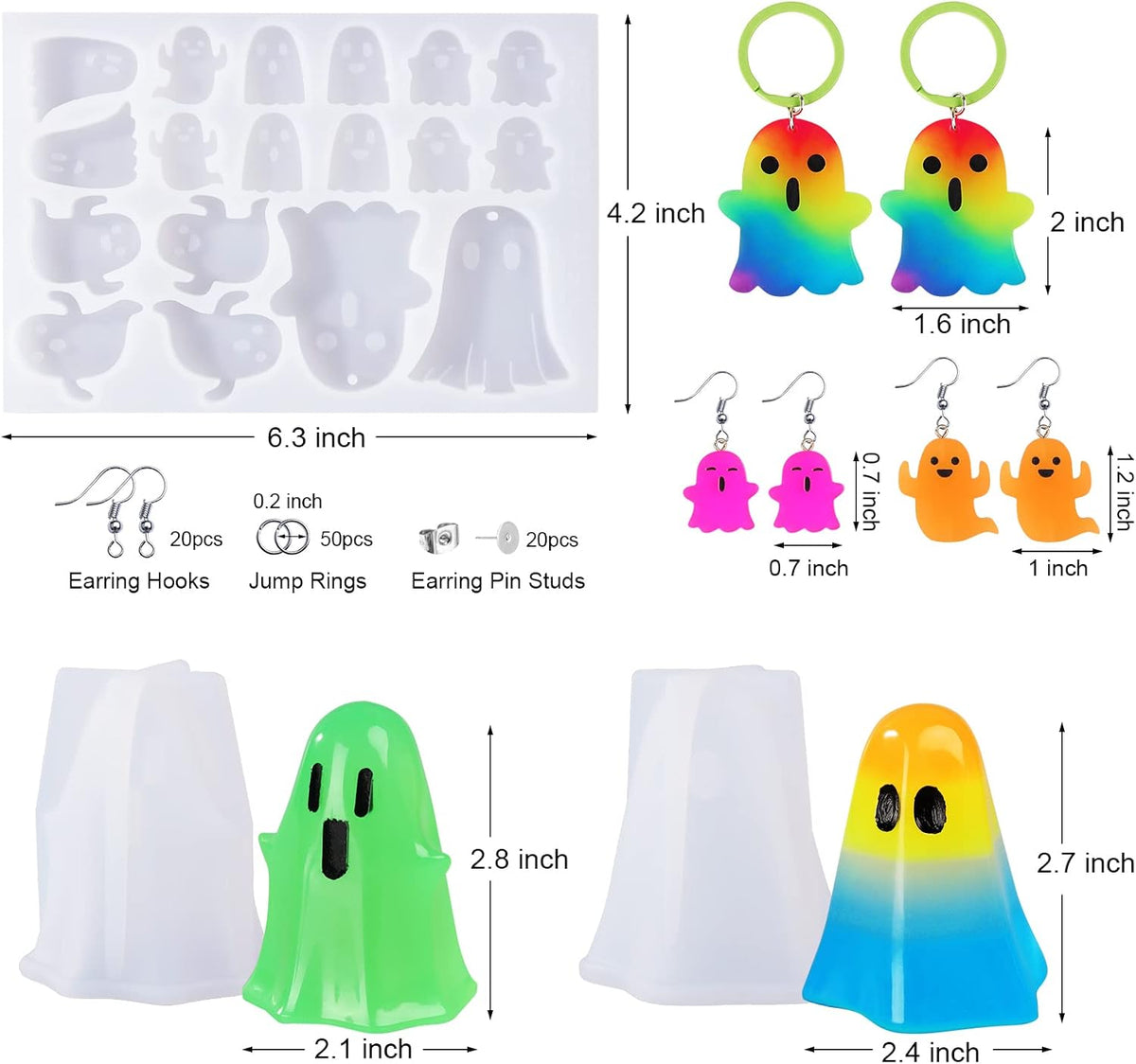 LET'S Resin Ghost Shape Resin Earring Molds, Silicone Molds for Epoxy Resin with Earring Accessories, Jump Rings, Epoxy Resin Molds for DIY Keychain