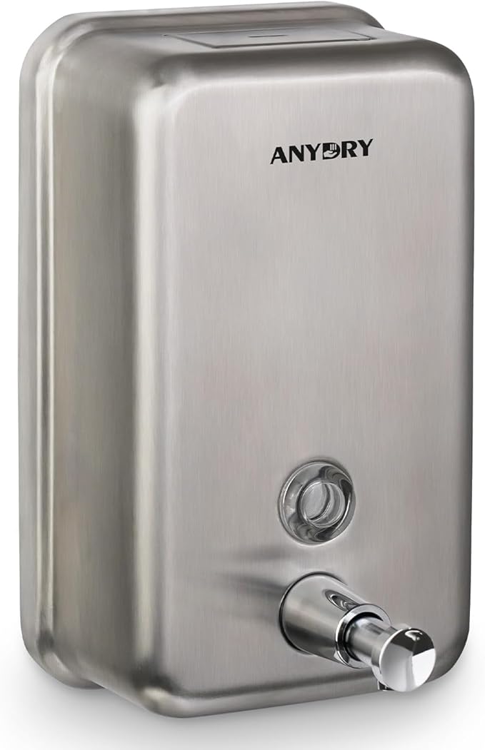 anydry Commercial Soap Dispenser Wall Mount, Brushed Stianless Steel Finish Manual Liquid Soap Dispenser - 37oz (1100ml) Model AD1003