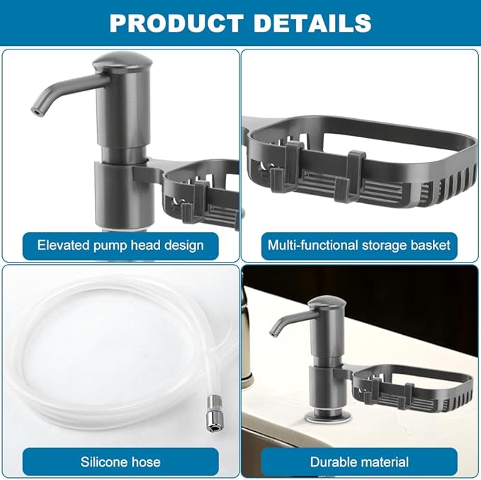 Soap Dispenser for Kitchen Sink, Built in Soap Dispenser Pump with Sponge Holder,Under Counter Brushed Nickel ABS Pump Head with 40" Extension Tube Kit(Dark Grey)