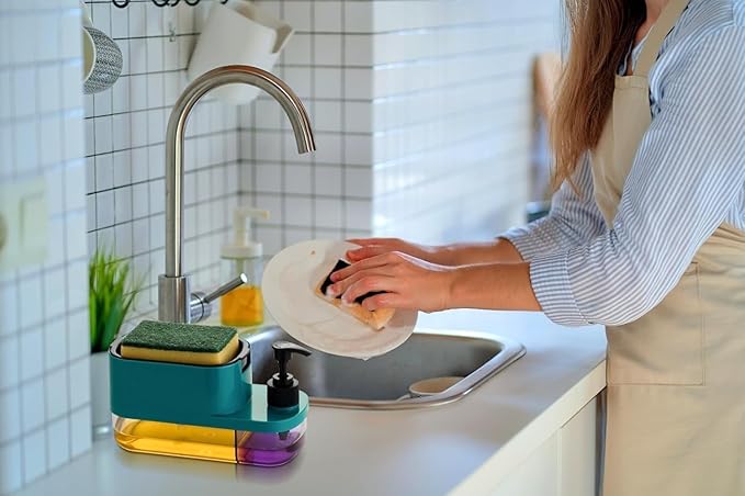 Plastic 3 in 1 Soap Pump Dispenser Dish Soap Liquid Dispenser Sponge Holder Dish Soap Pump Dispenser for Kitchen Sink Countertop Kitchen Bathroom (Multi-Color)